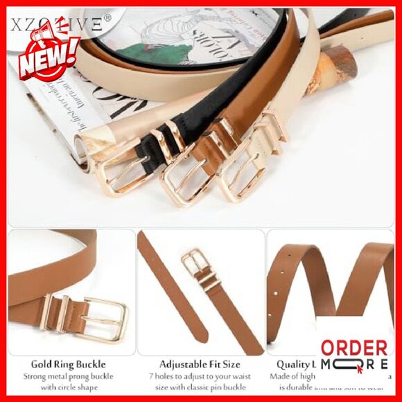 Women\'s 3 Pack Leather Belts with Gold Buckle for Jeans Dresses main image 7